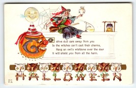 Halloween Postcard Fantasy goblin Spider Web Owls Witch Full Moon Man H-17 - £65.97 GBP