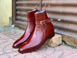 Handmade Men&#39;s Burgundy Leather Jodhpur Boots, Men Ankle High Fashion Boots - £127.86 GBP