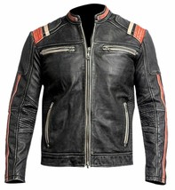 Cafe Racer Retro Distress Black Motorbike Orange Racing Cowhide Leather Jacket - £126.41 GBP