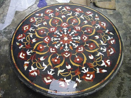 Round Black Marble Coffee Table Tops with Carnelian Floral Arts Handmade Decors - £455.50 GBP+