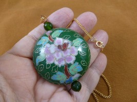 J518-9 Green pink flower 42mm round flat CLOISONNE disk 3D pendant 24&quot; necklace - £22.41 GBP