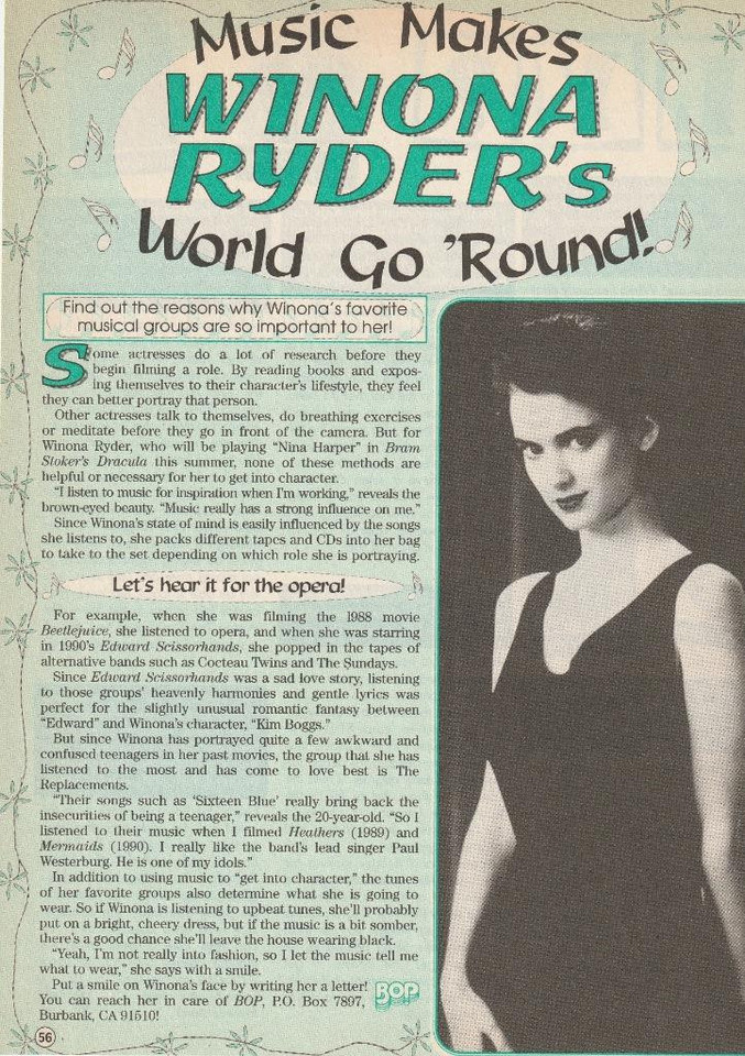 Winona Ryder teen pinup clipping World go round Teen Beat Bop Beetlejuice - $1.50
