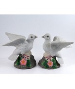 2 White Dove Bird Figurines Porcelain  &quot;Birds On Floral Rock&quot; 5 in Tall ... - £8.60 GBP