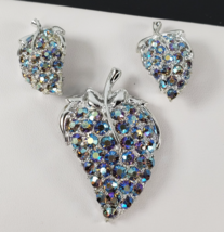 Vintage Blue AB Crystal Rhinestone Strawberry Brooch And Clip On Earring... - $56.11