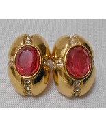 OSCAR de la RENTA Pierced EARRINGS Half Hoop Pink Glass &amp; Clear Rhinestones - £46.89 GBP