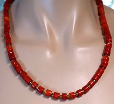 Natural Red Coral Barrel Bead Necklace with Brass Accent Beads. 21.5” - $39.99
