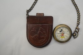 Genuine Disney Quartz Mickey Mouse Pocket Watch Japan Movement With Leat... - $39.55
