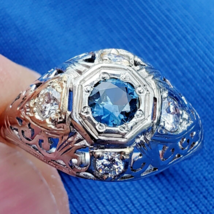 Earth mined Sapphire Diamond Deco Engagement Ring Vintage Solitaire 14k Gold - $2,465.25