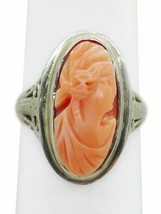 Salmon Coral Cameo Filigree Ring 18k White Gold Size 5.75 - £303.69 GBP