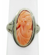 Salmon Coral Cameo Filigree Ring 18k White Gold Size 5.75 - £303.75 GBP