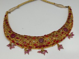 Simulated Ruby and Polki Gold Plated Necklace - £39.10 GBP