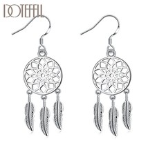 DOTEFFIL 925 Silver Hollow Round Feather Drop Earrings Charm Women Jewelry Fashi - £15.16 GBP