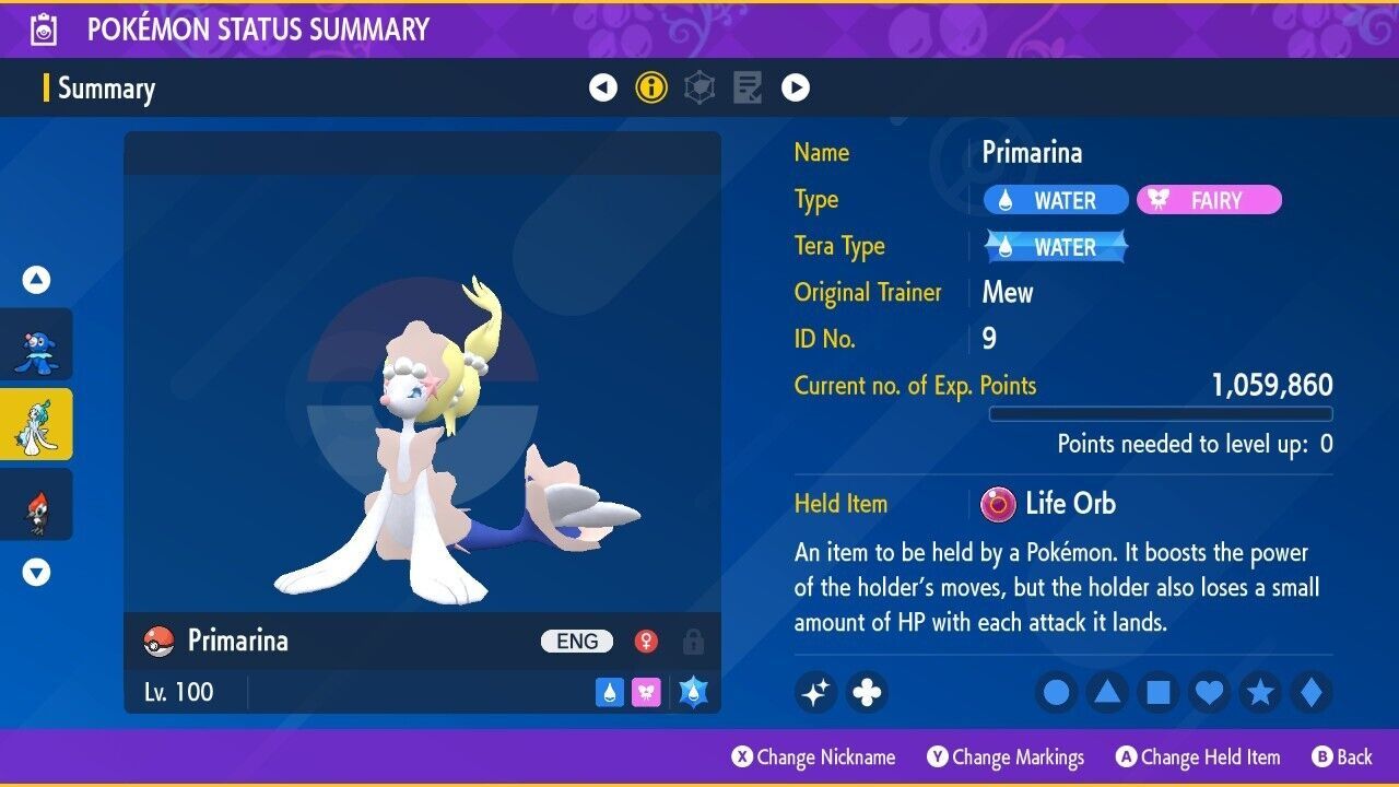 Shiny 6IV XXXL EV Trained Modest Liquid Voice Primarina Pokemon Scarlet/Violet