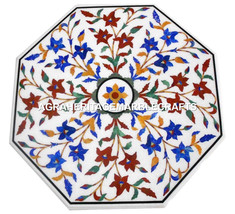 18&#39;&#39; White Marble Side Table Top Lapis Floral Mosaic Inlay Marquetry Decor H3080 - £581.64 GBP