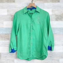 LRL Ralph Lauren Linen Crest Embroidered Logo Shirt Green Herringbone Womens Sma - £27.68 GBP