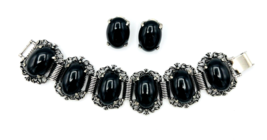 Vintage Silver Tone Black Cabochon Bracelet Clip On Earrings Set - £18.57 GBP