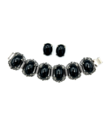 Vintage Silver Tone Black Cabochon Bracelet Clip On Earrings Set - $32.59 CAD