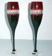 Waterford John Rocha Ruby Red Champagne Flute Pair Diamond Cut Crystal 9.75&quot; New - £194.45 GBP