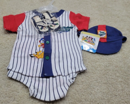 NWT VTG Disney Mickey Baseball Baby SZ 0-6 Months Outfit w/ cap and baby... - $33.43