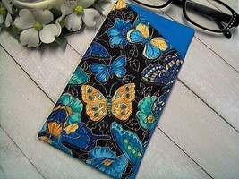 Handmade &quot;BUTTERFLY BREEZE&quot; Fabric Eyeglass Case - Padded - Lined - Turq/Blk/Yel - £6.39 GBP