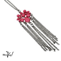 Vintage Silver and Pink Bead Fringed Drop Pendant Necklace w 23&quot; Chain -... - $24.00