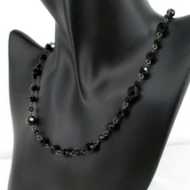Black Glass Necklace 18&quot; Faceted Bead Station Chain Vintage Single Strand  - $9.88