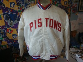 Vintage 90&#39;s Detroit Pistons NBA Starter WHITE Satin Bomber Jacket L  - £233.53 GBP