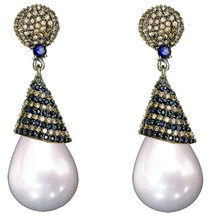 Victorian 4.16ct Rose Cut Diamond Blue Sapphire Pearl Anniversary Earrings - £438.23 GBP