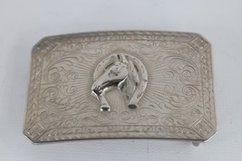 Vtg 90s Rockabilly Nickel Plated Horse Equestrian Horseshoe Belt Buckle ... - $39.55