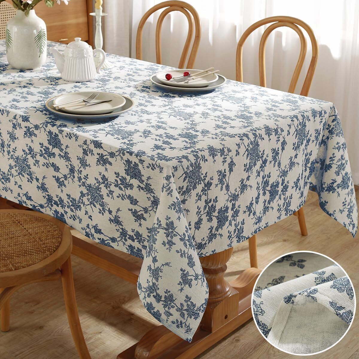 Primary image for Pastoral Cotton Linen Tablecloth Rectangle Washable Vintage Table Cover with Blu