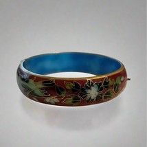 Vintage Red Cloisonné Hinge Bracelet – Floral Enamel Bangle with Blue In... - $44.55
