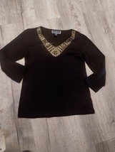 Karen Scott Black Long Sleeve Silver Beaded Trim V-Neck Blouse M - $54.67 MXN