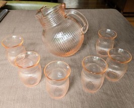 Hazel Atlas Pink Depression Glass Fine Ribbed Tilt Ball 40oz Pitcher &amp; 6 glasses - £68.46 GBP