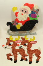 Vintage Santa Sleigh &amp; 2 Rudolph Reindeer Melted Plastic Popcorn Christmas Decor - £76.77 GBP