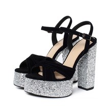 Silver Genuine Leather Women&#39;s Sandals Super High Heels Chunky Platform Shoes Cr - £97.14 GBP