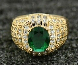 3Ct Oval Lab-Created Green Emerald Women Engagement Ring 14K Yellow Gold Plated - £105.59 GBP