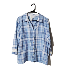 Alfred Dunner Shirt Womens XL Button Up 3/4 Sleeve Blue Plaid Lace 100% Cotton - £12.51 GBP