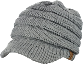 C.C Brand Brim Visor Trim Ponytail Beanie Ski Hat Knitted Messy Bun Cap - Gray - £12.28 GBP