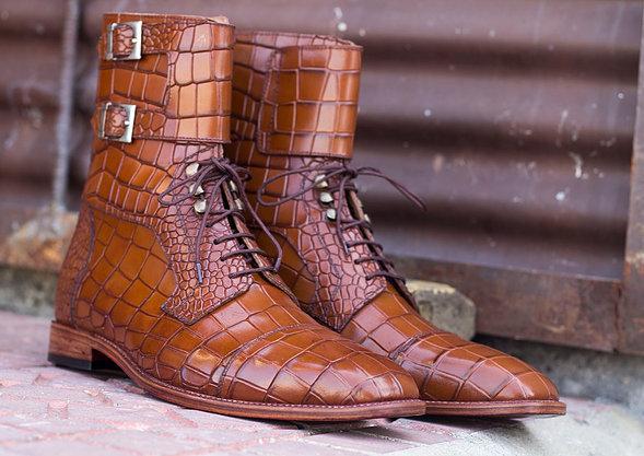 Handmade Men's Brown Alligator Textured Leather Boots, Men Buckle Lace Up Boots