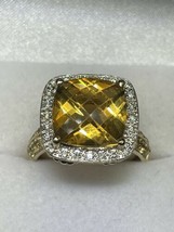 Art Deco Style 14K Yellow Gold Cushion Cut Citrine Ring w/ Pave Diamonds Citrine - £510.16 GBP