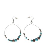 Handmade Boho Turquoise &amp; Brown Beaded Dangle Hoop Earrings With Silver ... - $18.40