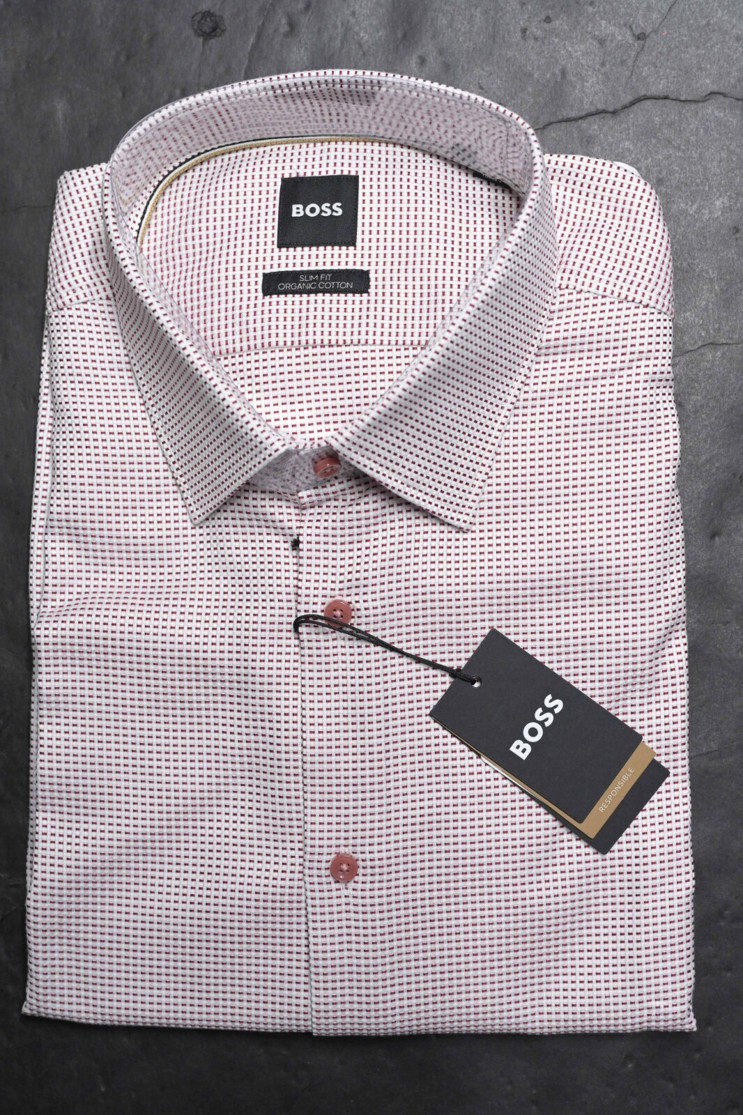 HUGO BOSS Herren Hank Kent Slim Fit Organische Baumwolle Rot Gepunktet Hemd 44 Item image 2