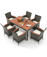 7 Pieces Patio Acacia Wood Cushioned PE Rattan Wicker Dining Set - Color... - €562,93 EUR