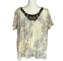 Essentials Women&#39;s 1X Tunic Floral Crocheted V Neck SS Peasant Top Brown Gold - £11.93 GBP
