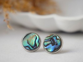 Abalone shell stud earrings, Silver, Colorful mother of pearl stud earrings, 12m - £25.20 GBP