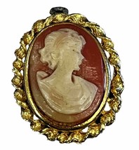 Antique Cameo Brooch Vintage Victorian Gold Plated Filigree Carved Shell Pendant - £25.73 GBP