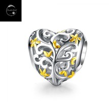 Genuine Sterling Silver 925 Heart Tree  Life Family Bead Charm And Gold Flowers - £14.89 GBP