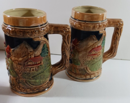 Set of 2 Vintage German-Style BEER STEIN MUGS Ceramic Men at Table Japan - £17.97 GBP