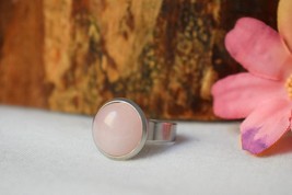 Rose quartz gemstone ring adjustable silver everyday pink round statemen... - £24.70 GBP