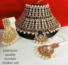 Bollywood Necklace Earrings Kundan Choker Jewelry Pearl Bridal Wedding Set Heavy - £68.32 GBP